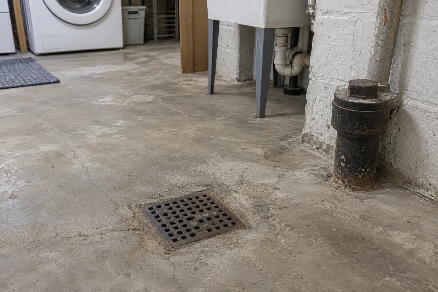 Basement floor drain and capped cleanout near a laundry area