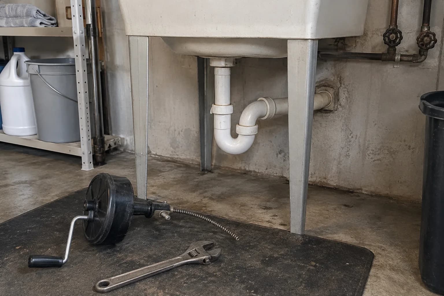 Utility sink drain trap with a compact drain auger on a work mat