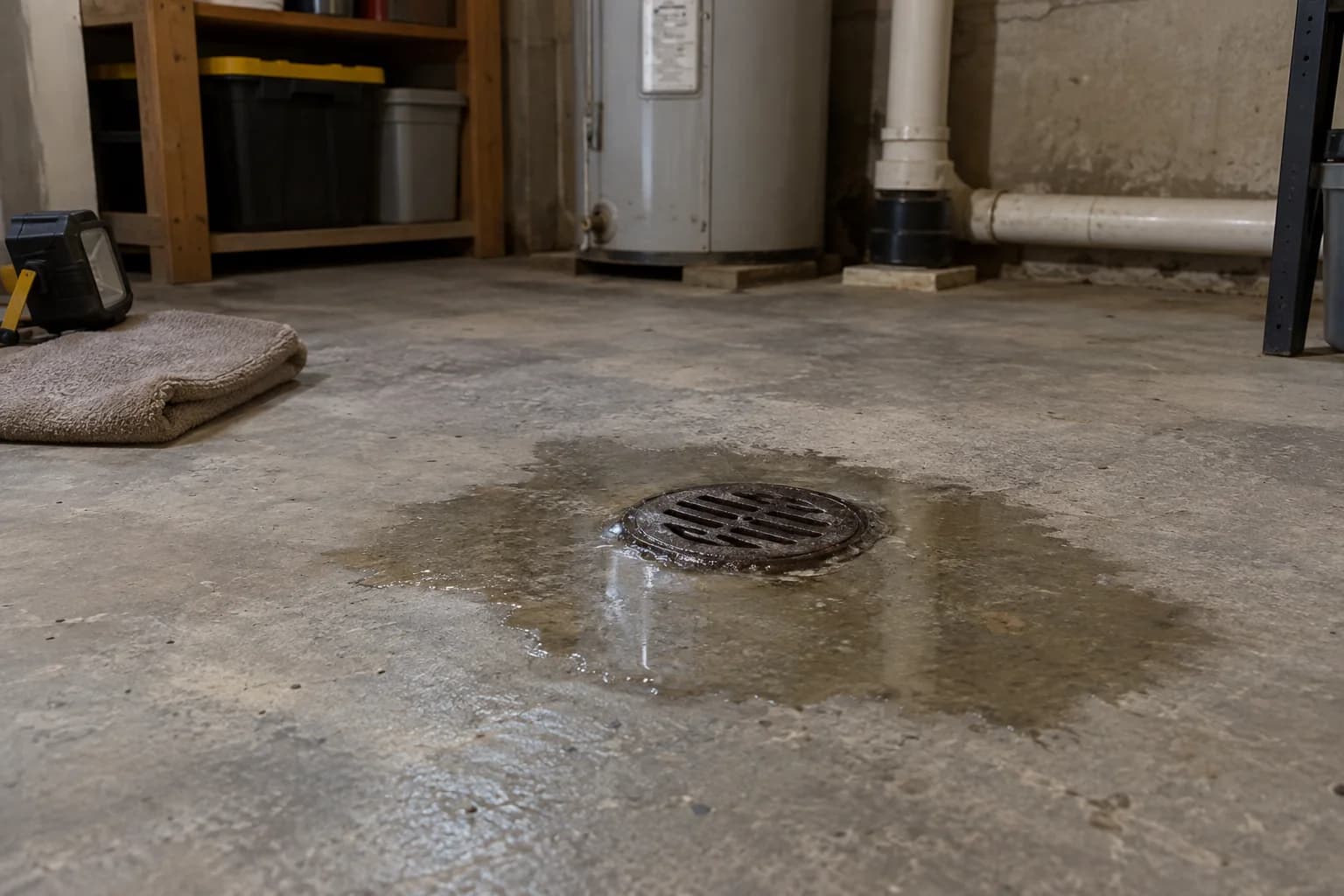 Shallow water around a basement floor drain in a utility room