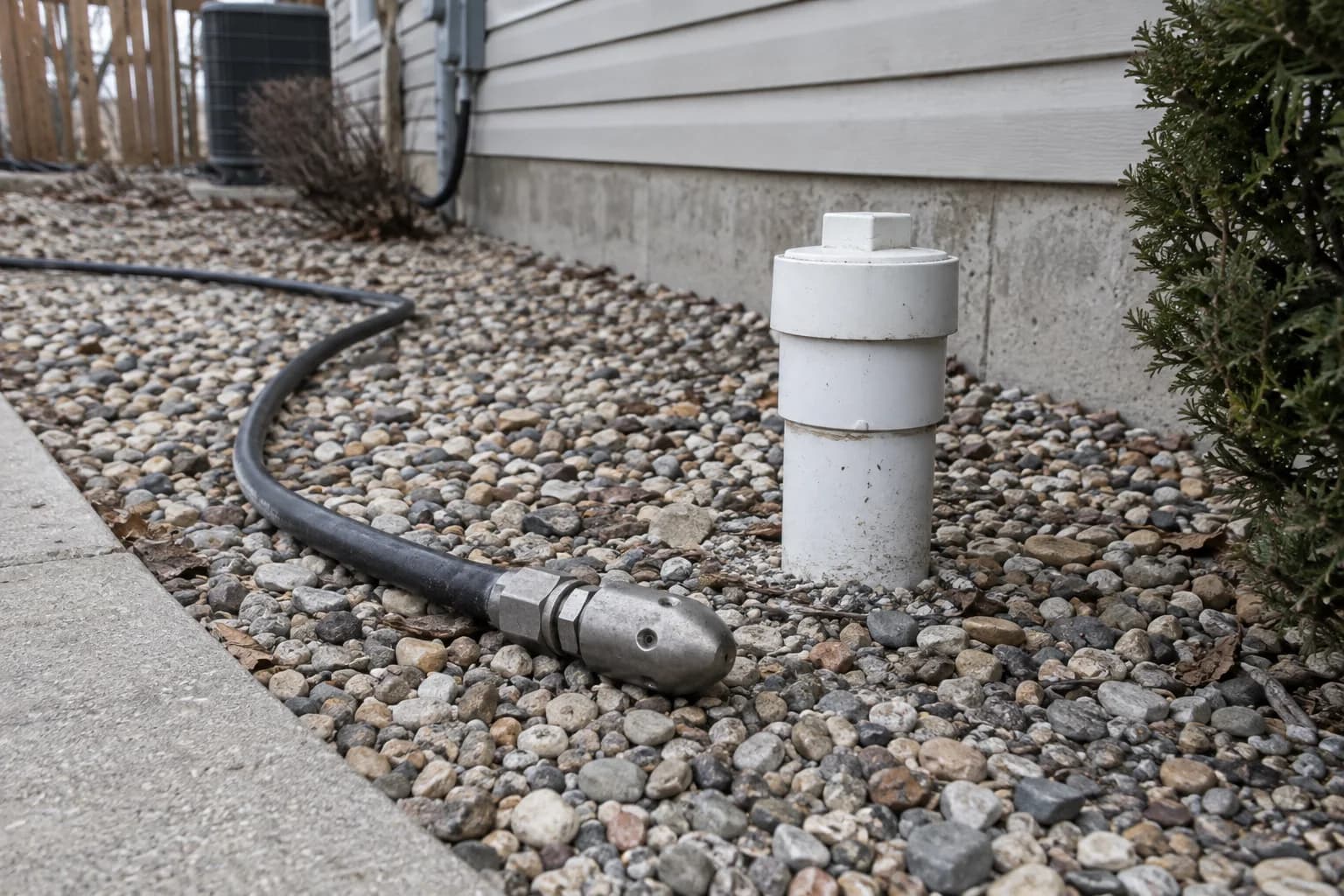 Hydro jetting nozzle and hose beside an exterior sewer cleanout