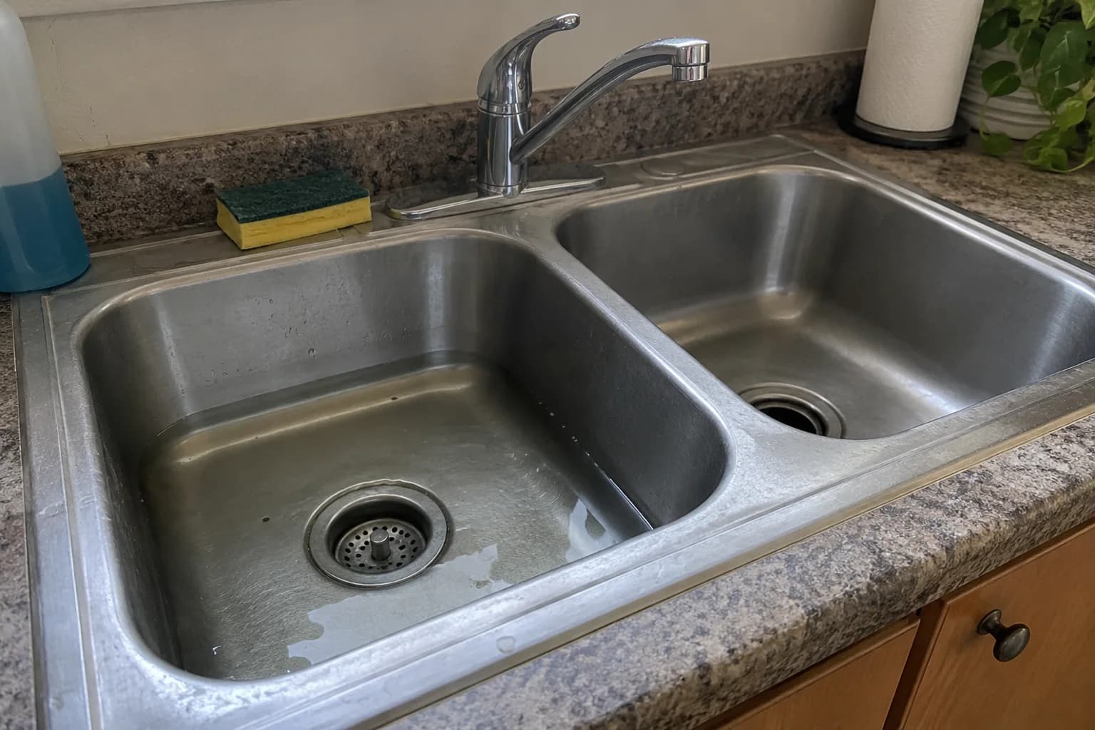 Stainless kitchen sink with water collecting around the drain strainer