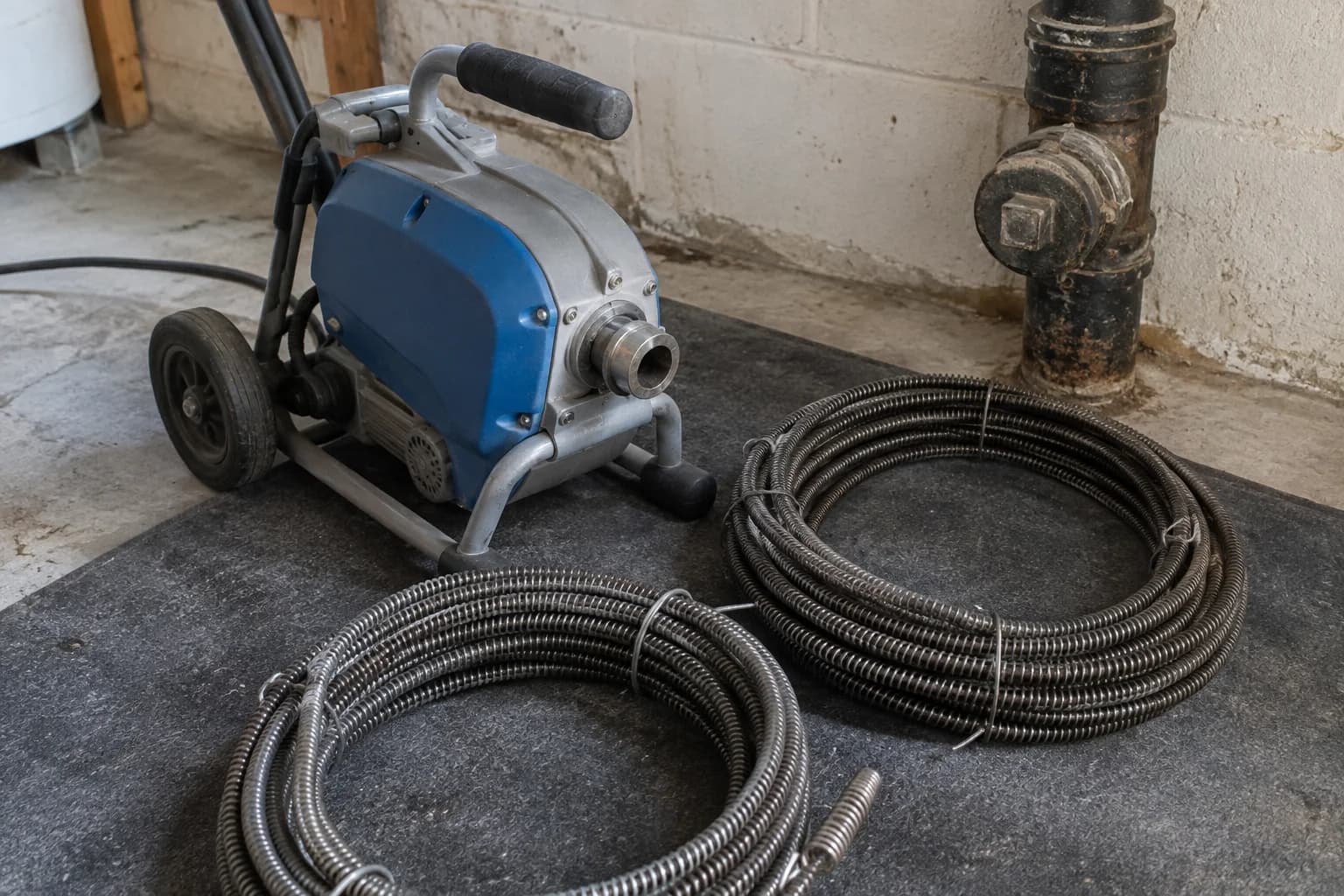 Sectional sewer rodding equipment and steel cable beside a capped cleanout