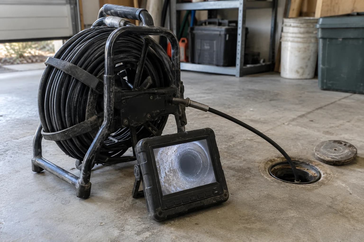Sewer inspection camera reel and monitor beside an accessible pipe opening