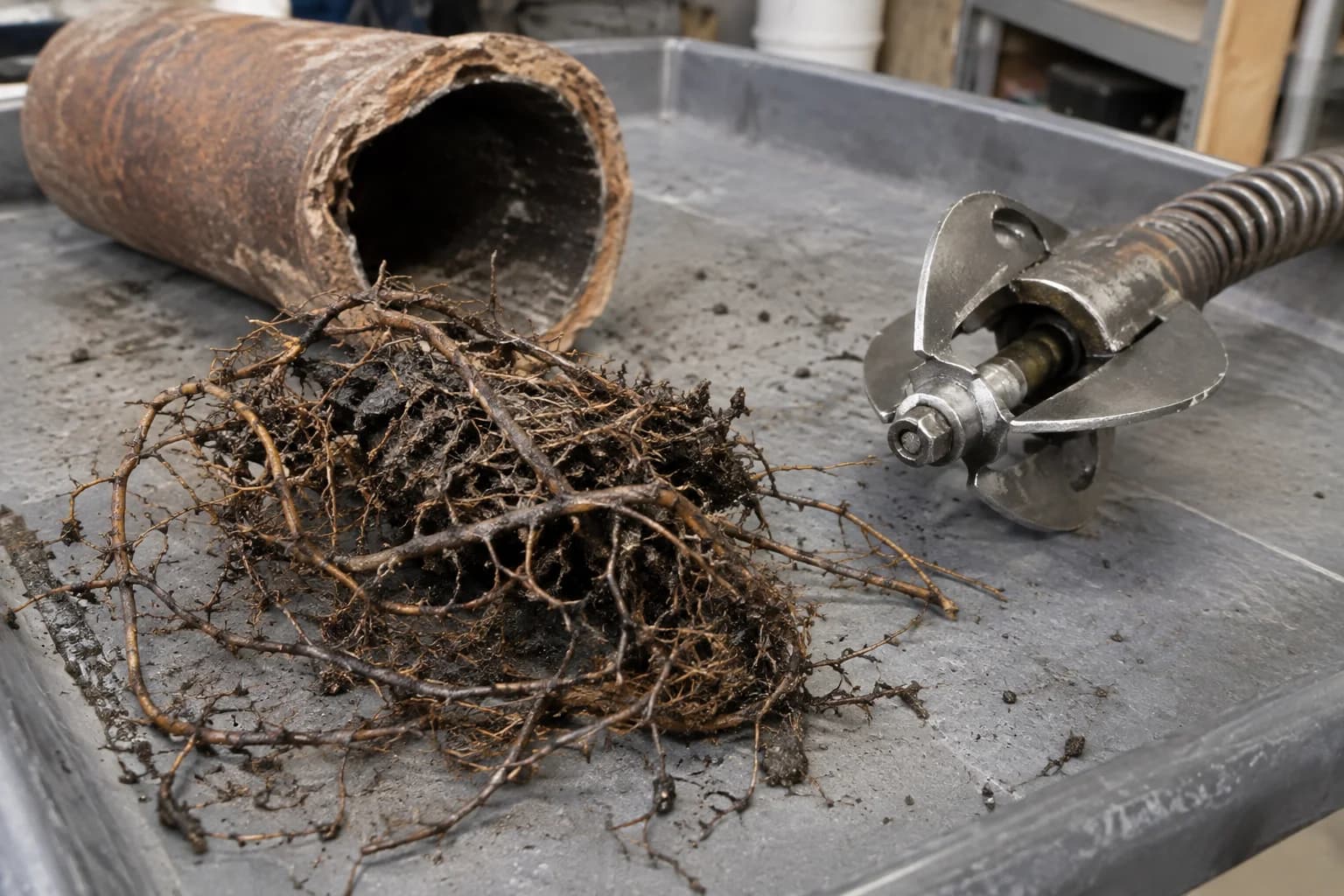 Fine roots on a work tray beside a sewer cable cutter and clay pipe section