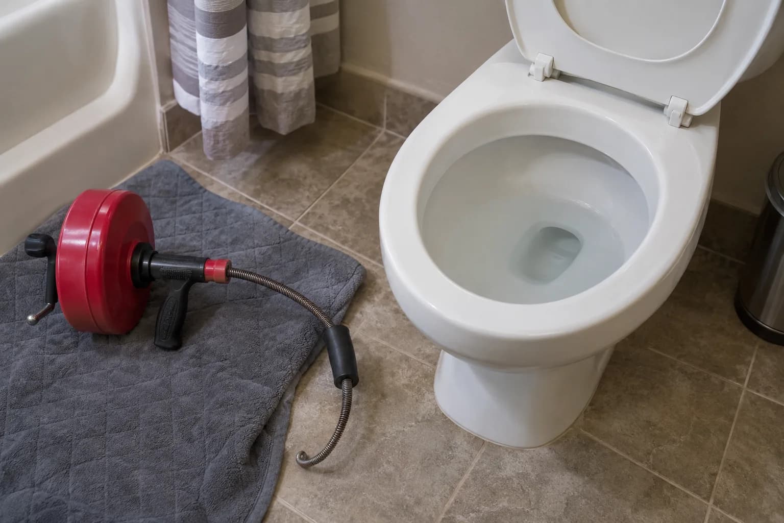 Residential toilet with a drain auger resting on a protective mat